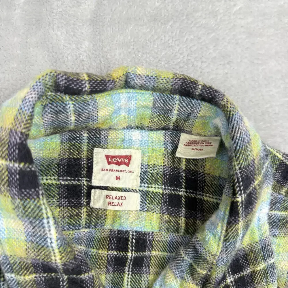 Levi’s Plaid Flannel Shirt Relaxed Fit Green Blue Yellow Men’s Medium Grunge - Picture 4 of 11